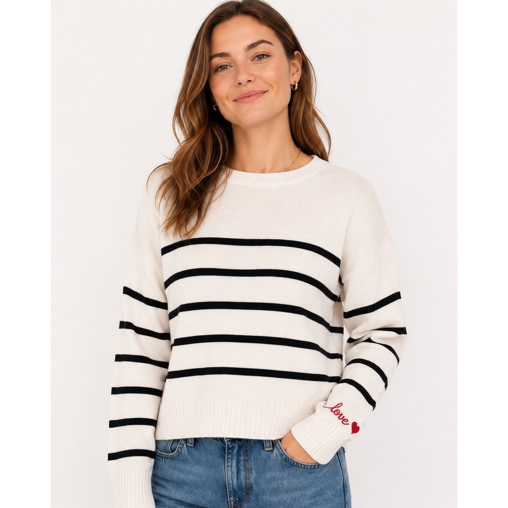 Cupcakes and Cashmere Striped Love Heart Sweater M Black White Breton Coastal
